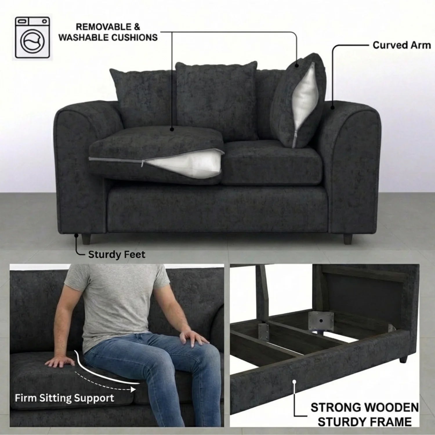 Alaska Fabric Scatter Back Sofa Set (Dark Grey) - Image 9
