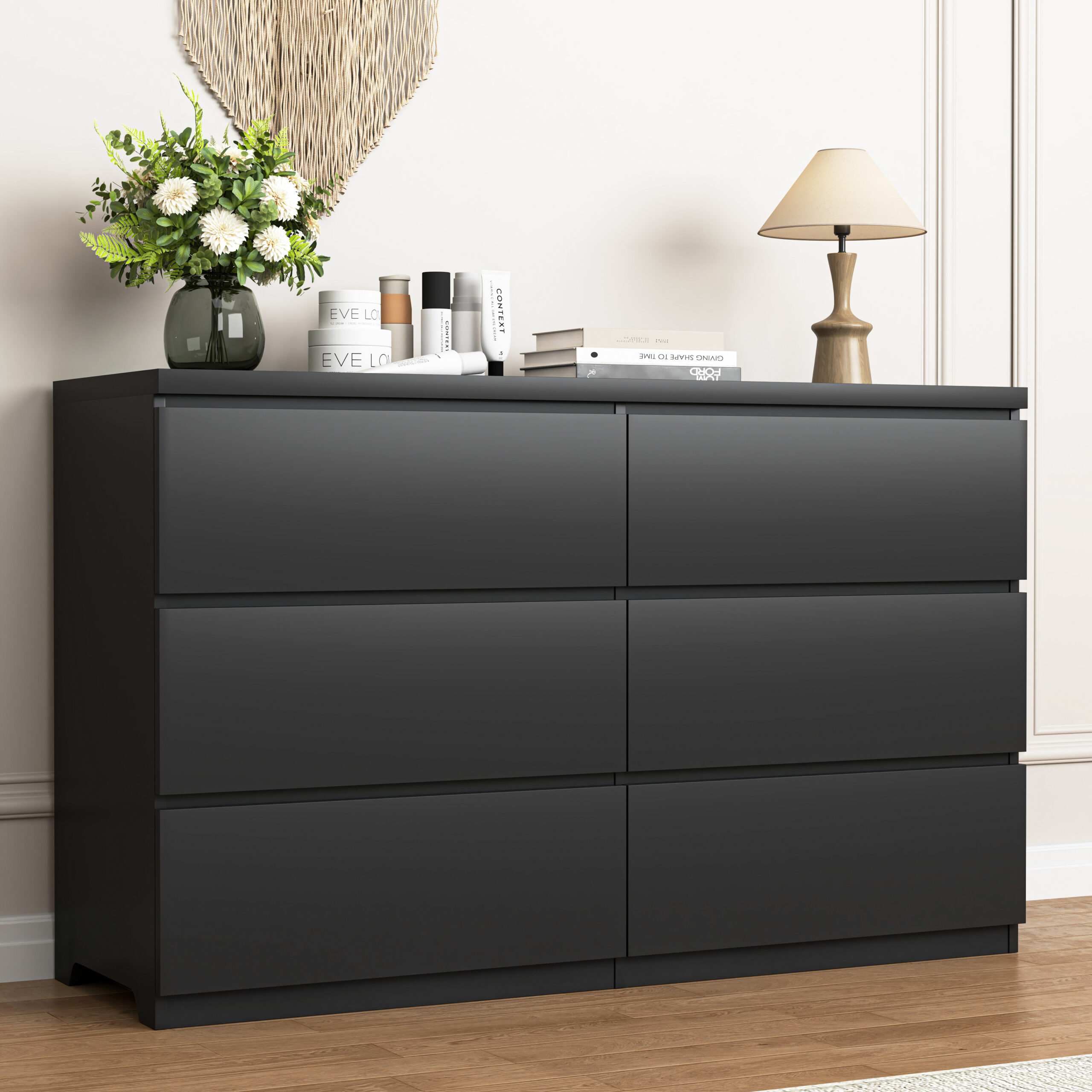 6 Drawer Chest of Drawers – Black Wood Storage Tower, Wide Cabinet for Bedroom & Hallway - Image 4