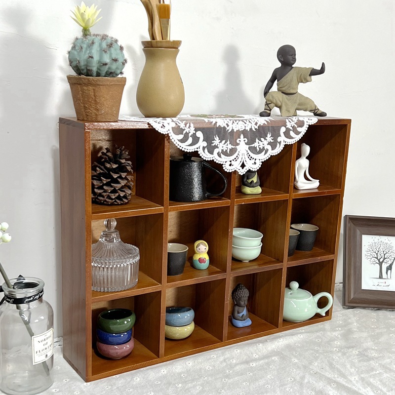 Multi-Layer 12-grid Solid Wood Retro Cup Storage Cabinet