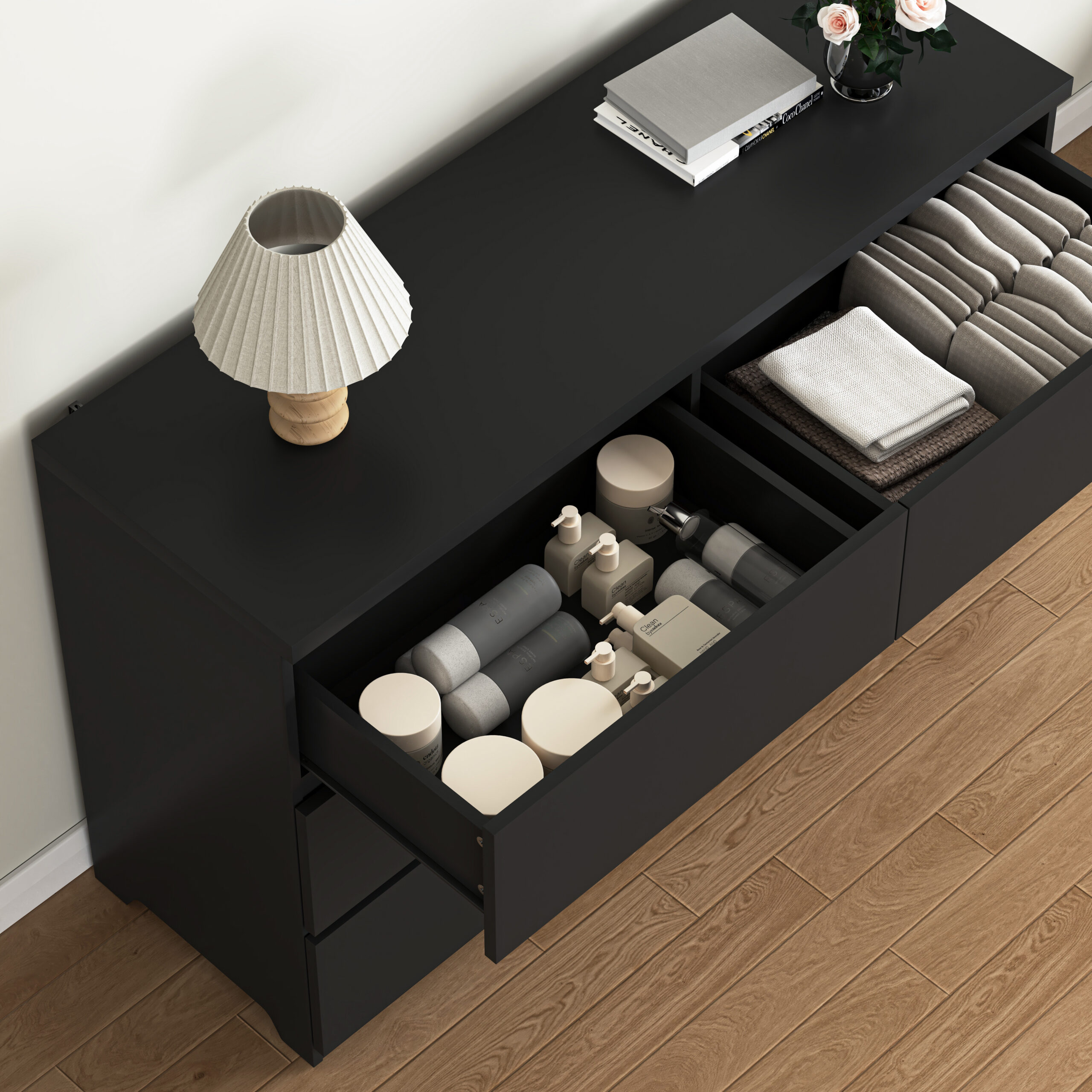6 Drawer Chest of Drawers – Black Wood Storage Tower, Wide Cabinet for Bedroom & Hallway - Image 5
