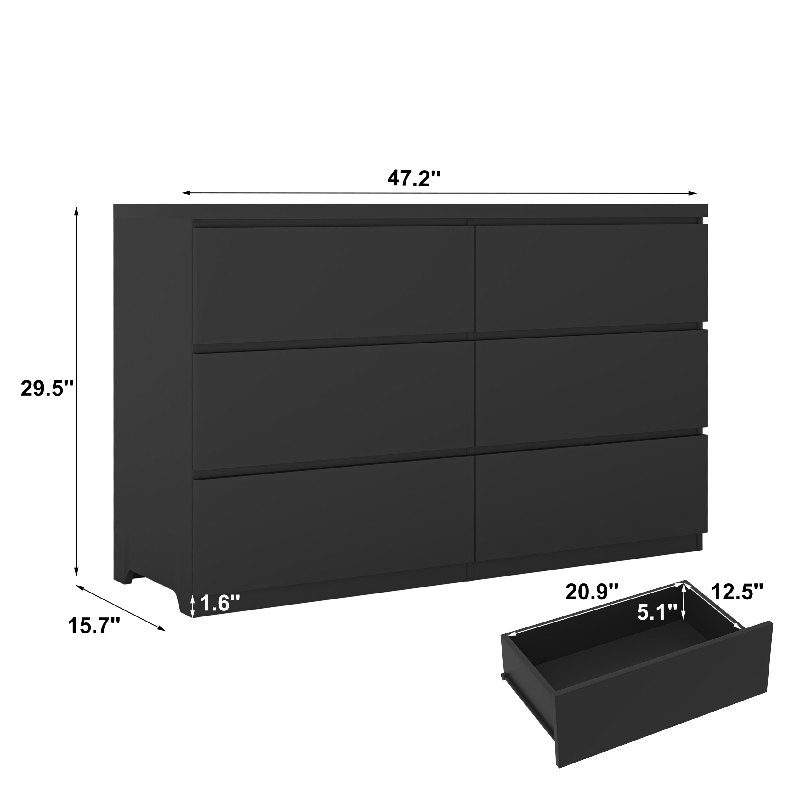 6 Drawer Chest of Drawers – Black Wood Storage Tower, Wide Cabinet for Bedroom & Hallway - Image 3