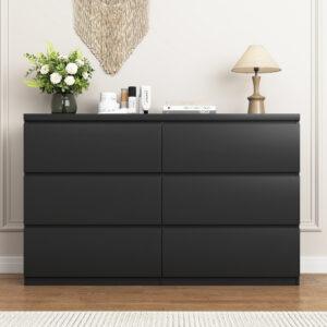 6 Drawer Chest of Drawers – Black Wood Storage Tower, Wide Cabinet for Bedroom & Hallway