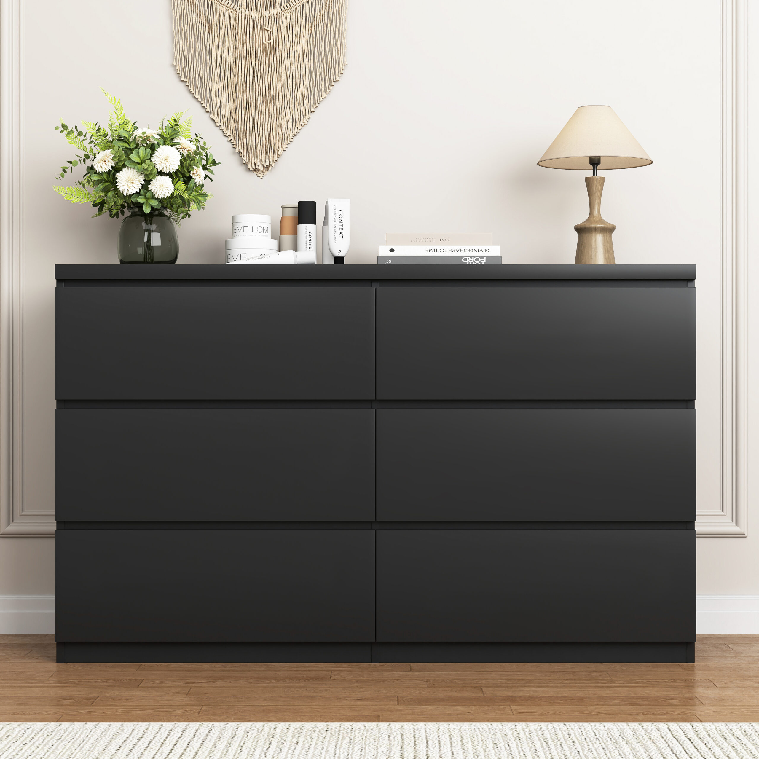 6 Drawer Chest of Drawers – Black Wood Storage Tower, Wide Cabinet for Bedroom & Hallway
