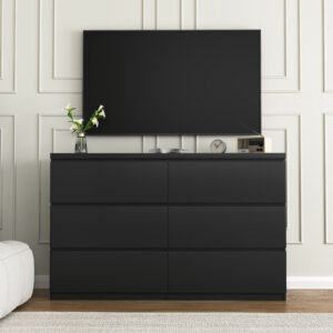 Alternative view of 6 Drawer Chest of Drawers – Black Wood Storage Tower, Wide Cabinet for Bedroom & Hallway