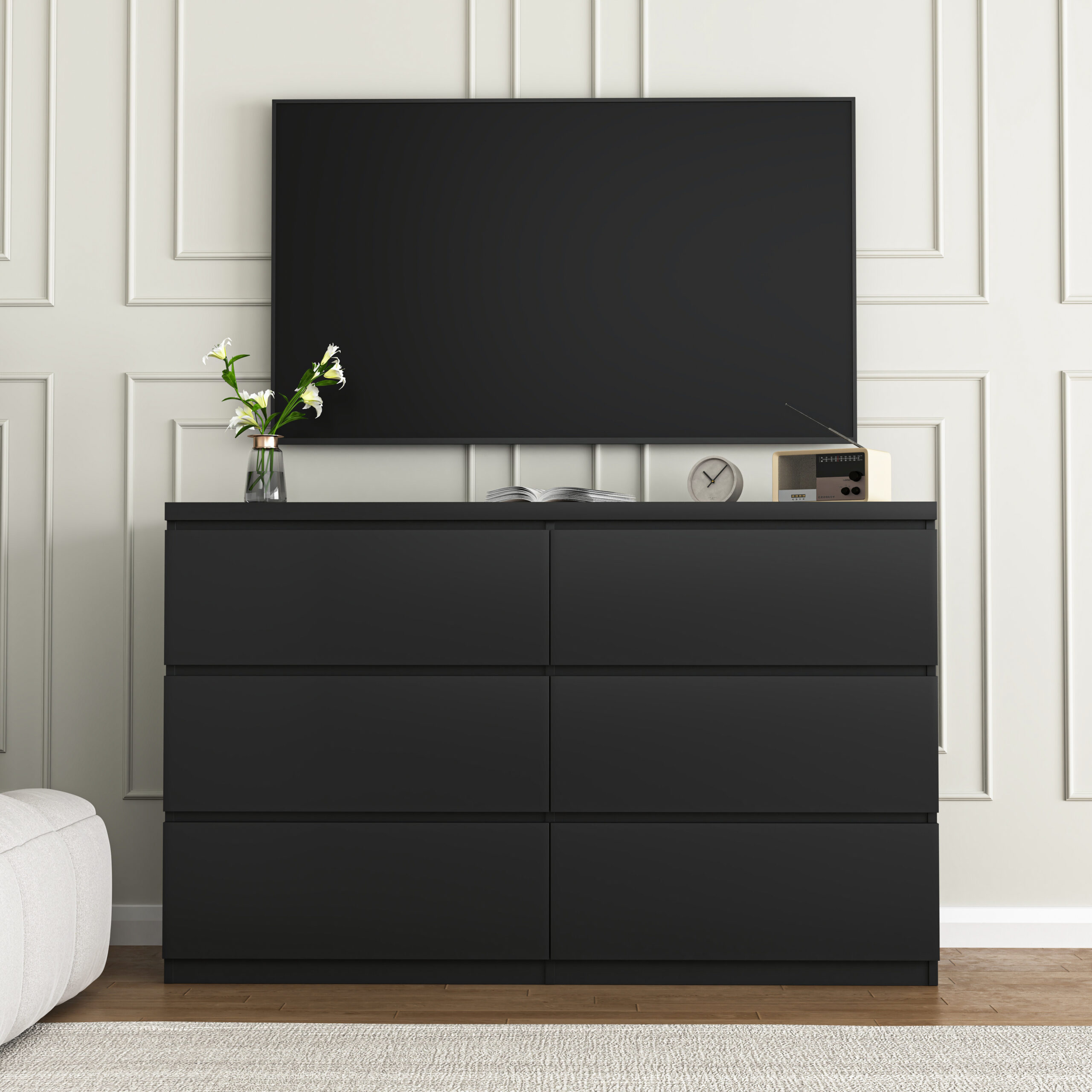 6 Drawer Chest of Drawers – Black Wood Storage Tower, Wide Cabinet for Bedroom & Hallway - Image 2